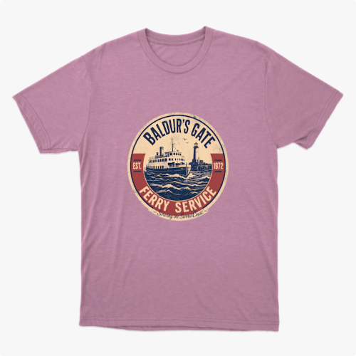 Camiseta com estampa frontal de um emblema circular apresentando um ferry estilizado, com inscrições que indicam "Baldur's Gate Ferry Service" e datas.