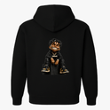 Moletom com estampa frontal de letras "AB" estilizadas com coroa e estampa traseira de personagem sorridente, vestido de preto, com cabelo trançado.