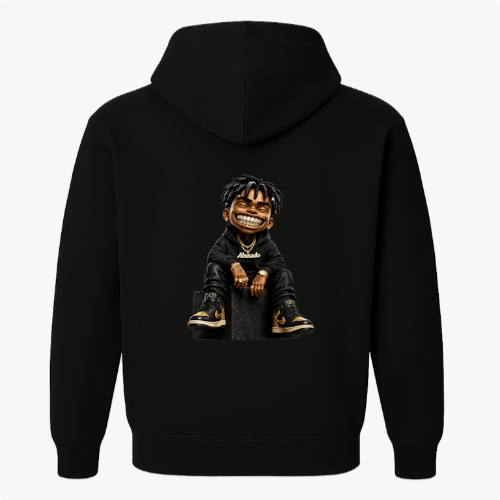 Moletom com estampa frontal de letras "AB" estilizadas com coroa e estampa traseira de personagem sorridente, vestido de preto, com cabelo trançado.
