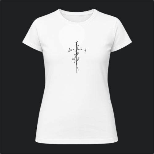 Camiseta com estampa frontal de uma cruz ornamentada por delicados ramos florais que se entrelaçam ao longo de toda sua extensão, detalhando folhas.
