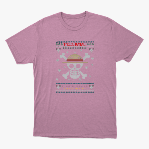 Camiseta com estampa frontal de caveira estilizada com chapéu, ossos cruzados, flocos de neve, pequenos crânios e a frase "Feliz Natal" acima.