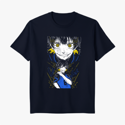 Camiseta com estampa frontal de duas figuras em estilo mangá, com destaque para olhos expressivos, acompanhados de traços dinâmicos e detalhes ilustrativos.