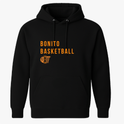 Moletom com estampa frontal de texto "Bonito Basketball" acima de um icônico aro de basquete, em um design simples que destaca esportividade.