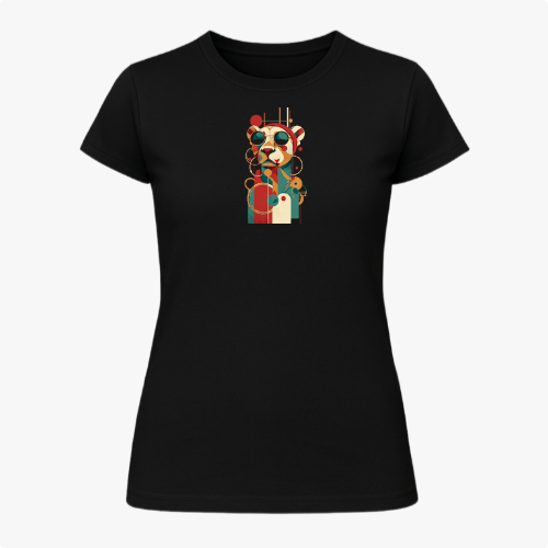 Camiseta com estampa frontal de urso estilizado usando óculos de sol com elementos geométricos e círculos sobrepostos, criando um efeito visual moderno.