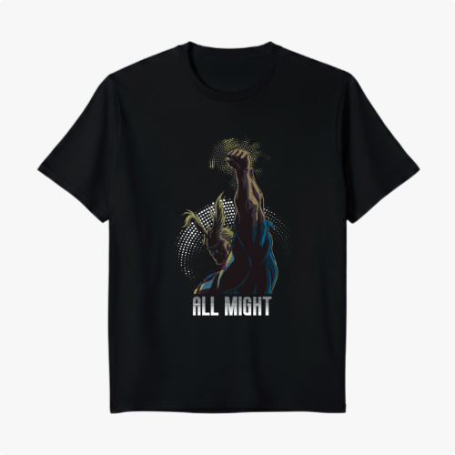 Camiseta com estampa frontal de personagem erguendo o punho em estilo heróico, rodeado por pontos luminosos, acompanhada da inscrição "All Might".