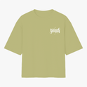 Camiseta com estampa frontal de texto estilizado em letras góticas com frase "my lord is" e estampa traseira maior replicando o mesmo texto.
