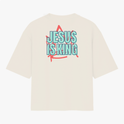 Camiseta com estampa frontal de um desenho estilizado em forma de zigzag e estampa traseira de texto "JESUS IS KING" sobre uma estrela estilizada.