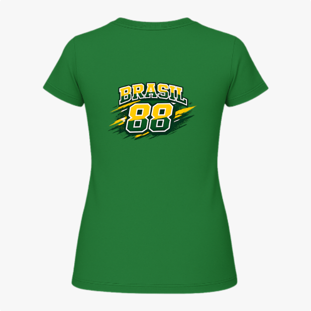 Camiseta com estampa frontal de "Rawbeat 88" em estilo esportivo dinâmico e estampa traseira de "Brasil 88" com mesmo estilo impactante.