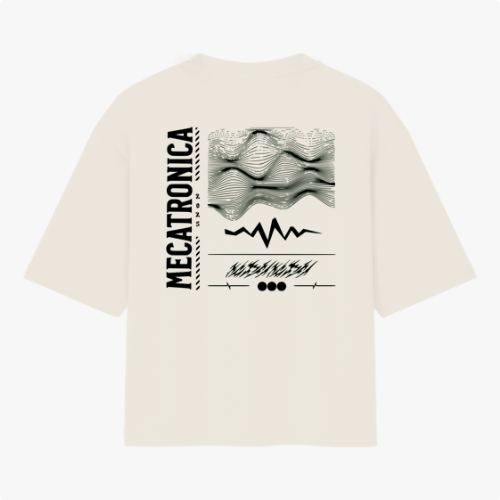 Camiseta com estampa frontal de logotipo do Instituto Federal e texto de localização e estampa traseira de elementos tecnológicos e a palavra "Mecatrônica".