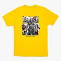 Camiseta com estampa frontal de guerreiro musculoso em quadrantes, com navio, homem barbudo, escudo e machado ao fundo, com texto inferior "Thron Bodybuilder".