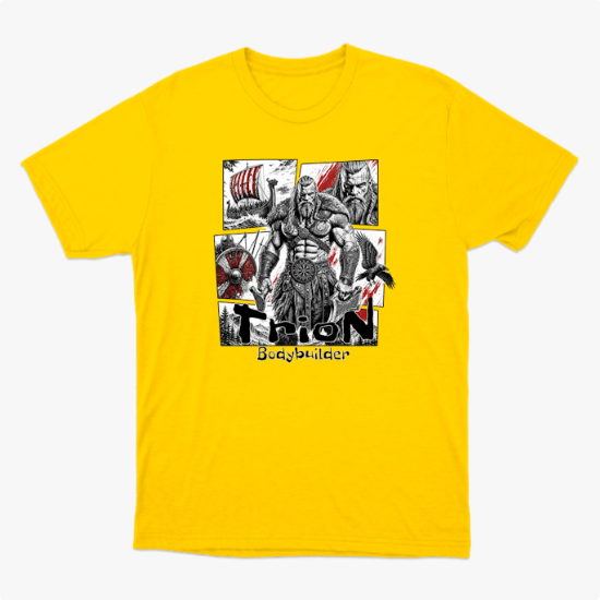 Camiseta com estampa frontal de guerreiro musculoso em quadrantes, com navio, homem barbudo, escudo e machado ao fundo, com texto inferior "Thron Bodybuilder".