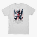 Camiseta com estampa frontal de anjo com asas, segurando um coração vermelho sangrando, cercado por inscrições "Faith & Glory" e "Romans 10:10".