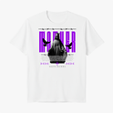 Camiseta com estampa frontal de figura religiosa centralizada, pássaros em voo, arame farpado acima, texto "MOTHER" em destaque e "SALVE RAINHA" abaixo.