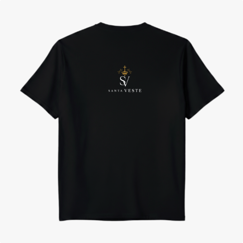 Camiseta com estampa frontal de texto "Eu falho, o meu DEUS não." e estampa traseira com logotipo estilizado, incluindo um emblema de cruz e coroa acima de "Santa Veste".