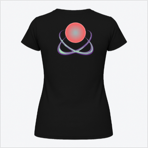 Camiseta com estampa frontal de logo estilizado com elemento circular e detalhes pontiagudos e estampa traseira de esfera central e orbitais entrelaçados.
