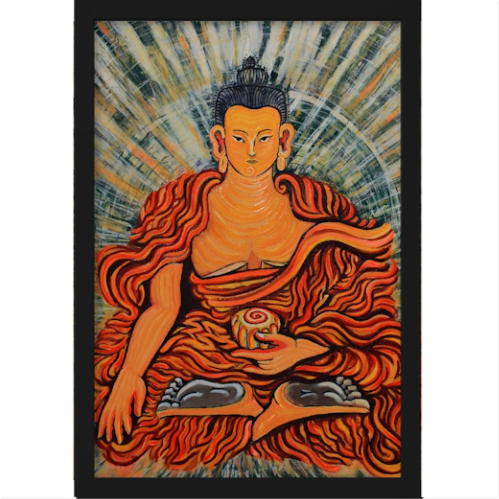 Quadro com estampa de figura serena em manto ondulante, segurando elemento circular e cercada por raios em fundo dinâmico.