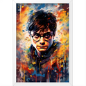 Quadro com estampa de ilustração vibrante de um jovem de óculos em meio a um fundo abstrato com traços energéticos e cores intensas.