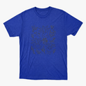 Camiseta com estampa frontal de desenhos sorridentes de criaturas vegetais estilizadas, cercadas por delicados detalhes de flores e folhagens diversas.