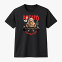 Camiseta com estampa frontal de uma batata musculosa levantando pesos, acompanhada das palavras “Potato Bodybuilder” em letras estilizadas.