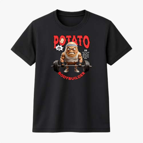Camiseta com estampa frontal de uma batata musculosa levantando pesos, acompanhada das palavras “Potato Bodybuilder” em letras estilizadas.