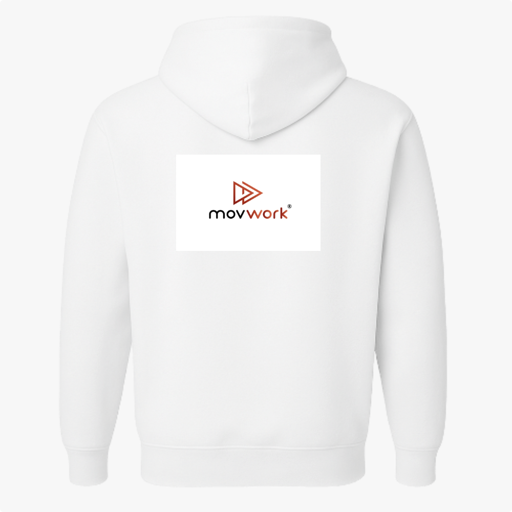 Moletom com estampa frontal de logotipo estilizado envolvendo triângulo duplo e texto "movwork" e estampa traseira idêntica com mesmo logotipo centralizado.