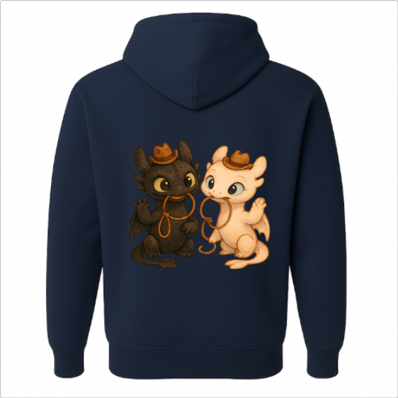 Moletom com estampa frontal de dois dragões estilo cartoon com chapéus de cowboy pequenos e estampa traseira ampliada dos mesmos dragões.