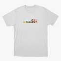 Camiseta com estampa frontal da palavra "BRASIL" composta por imagens icônicas e detalhes diversos, e estampa traseira discreta em texto estilizado na parte superior.
