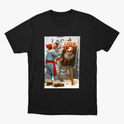 Camiseta com estampa frontal de palhaço pintando retrato de outro palhaço em mural, com palavra "LOSER" escrita acima e detalhe de parede de tijolos.