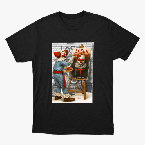 Camiseta com estampa frontal de palhaço pintando retrato de outro palhaço em mural, com palavra "LOSER" escrita acima e detalhe de parede de tijolos.