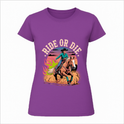 Camiseta com estampa frontal de cowboy montado em cavalo, fundo de pôr do sol com chamas verdes e a frase "Ride or Die" em destaque.