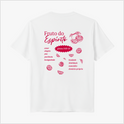 Camiseta com estampa frontal de limão desenhado em traços finos, e estampa traseira de citação "Fruto do Espírito" com limões e elementos escritos.