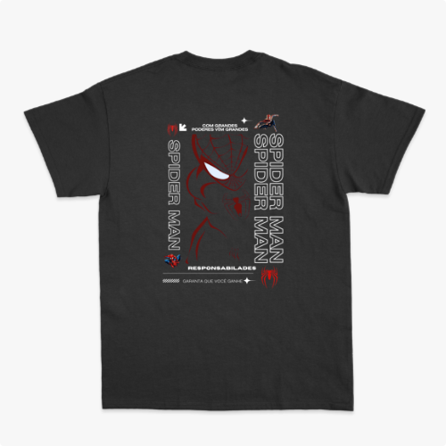 Camiseta com estampa frontal de aranha estilizada de linhas finas e estampa traseira de rosto delineado com texto e referências icônicas.