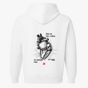 Moletom com estampa frontal de retângulo contendo texto estilizado e estampa traseira de coração anatômico detalhado acompanhado de frase inspiradora e referência.