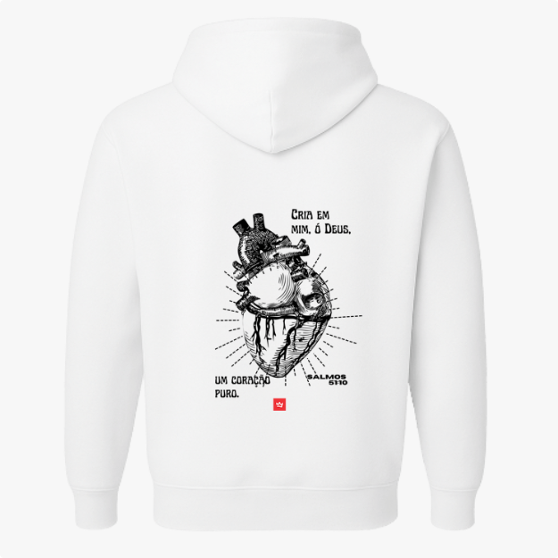 Moletom com estampa frontal de retângulo contendo texto estilizado e estampa traseira de coração anatômico detalhado acompanhado de frase inspiradora e referência.