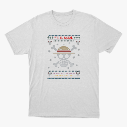 Camiseta com estampa frontal de caveira estilizada com chapéu, ossos cruzados, flocos de neve, pequenos crânios e a frase "Feliz Natal" acima.