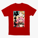 Camiseta com estampa frontal de três painéis mostrando silhuetas e personagens, com textos: "A Spy", "The Father", "Telepath", "The Daughter", "An Assassin", "The Mother".