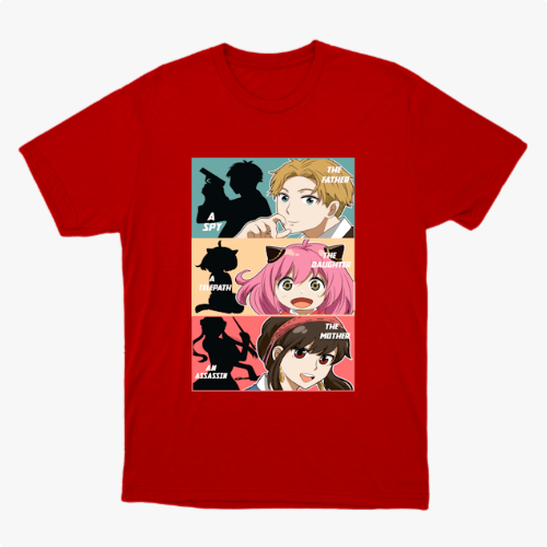 Camiseta com estampa frontal de três painéis mostrando silhuetas e personagens, com textos: "A Spy", "The Father", "Telepath", "The Daughter", "An Assassin", "The Mother".