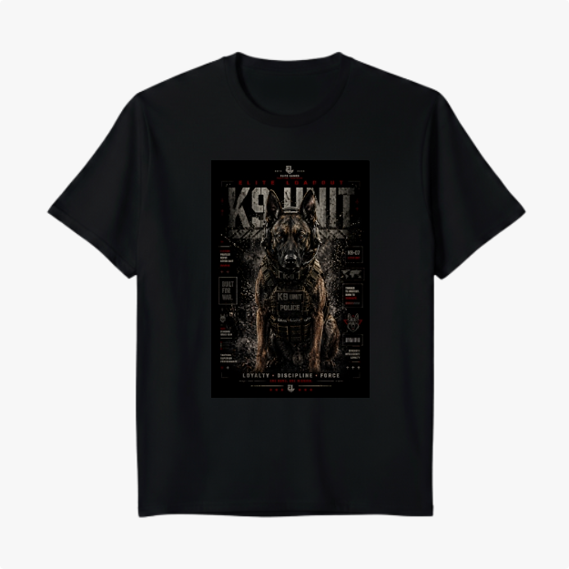 Camiseta com estampa frontal de um cão policial em uniforme tático, rodeado por textos como "K9 UNIT" e palavras como "LOYALTY", "DISCIPLINE", "FORCE".