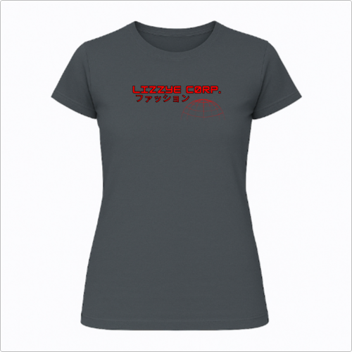 Camiseta com estampa frontal de texto em estilo futurista, acompanhado por caracteres japoneses e uma ilustração de um globo com linhas geométricas.
