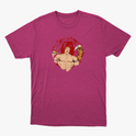 Camiseta com estampa frontal de guerreiro musculoso segurando uma arma sobre fundo circular e estampa traseira de personagem em pose poderosa com texto.
