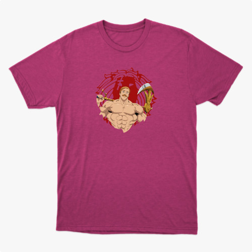 Camiseta com estampa frontal de guerreiro musculoso segurando uma arma sobre fundo circular e estampa traseira de personagem em pose poderosa com texto.