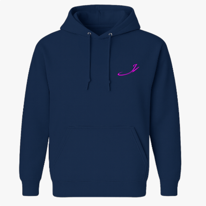 Moletom com estampa frontal de um pequeno logotipo estilizado em forma de letra cursiva, situado no lado superior esquerdo do peito.