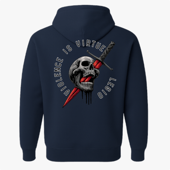 Moletom com estampa frontal de texto "VIOLENCE IS VIRTUE LEGIO" e estampa traseira de crânio perfurado por adaga vermelha, rodeado pelo mesmo texto.