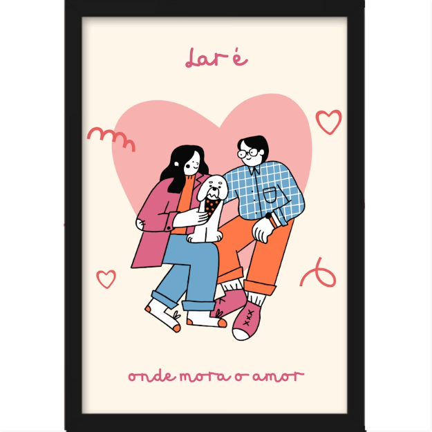 {"product-type":"quadros","description":"Quadro com estampa ilustrativa de casal e cachorro sobre coração grande, pequenos corações e palavras 'lar é onde mora o amor' ao redor."}