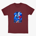 Camiseta com estampa frontal de duas figuras de perfil, uma com cachecol, enquadradas por um emblema, com silhuetas de várias pessoas ao fundo.