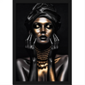 Quadro com estampa frontal de retrato artístico de mulher com corpo e rosto cobertos de tinta metálica dourada e preta, usando colares e turbante.