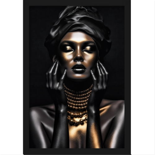 Quadro com estampa frontal de retrato artístico de mulher com corpo e rosto cobertos de tinta metálica dourada e preta, usando colares e turbante.