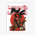 Quadro com estampa de um personagem estilizado, carregando chaves e conchas, com um galo sobre a cabeça, cercado pela palavra "Laroyê" em destaque.