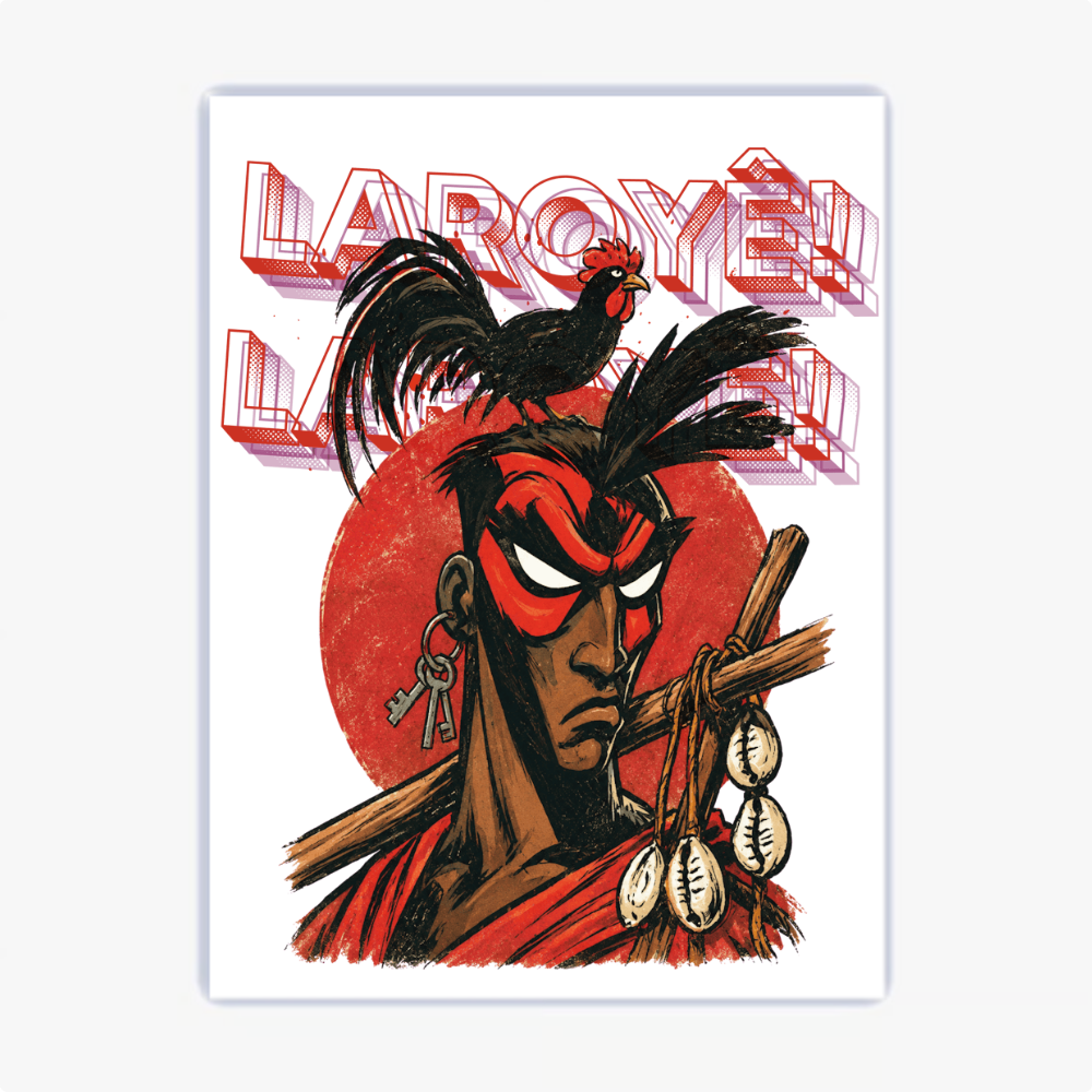 Quadro com estampa de um personagem estilizado, carregando chaves e conchas, com um galo sobre a cabeça, cercado pela palavra "Laroyê" em destaque.