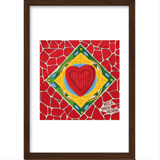 Quadro com estampa frontal de coração estilizado em fundo geométrico com azulejos e inscrição "Moça Minha Menina" no canto inferior direito.